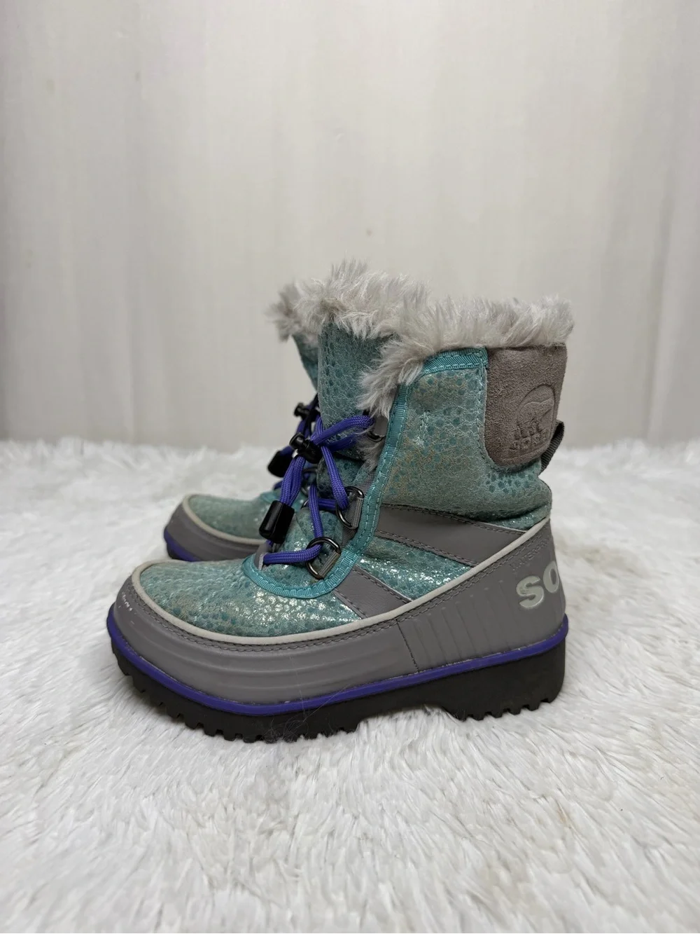 SOREL / NC1878 blue sparkle fur lined winter snow boots / 12 (toddler girl)